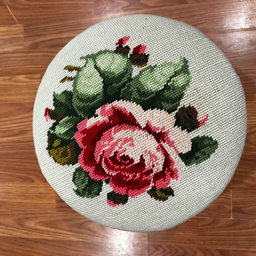 Vintage Handmade Wooden Stool with Cabbage Rose Needlework top